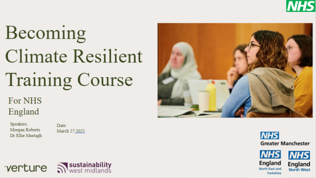 The title slide for a presentation for the Becoming Climate Resilient NHS Training, including a title, logos for organisations involved, and an image of a group of professionals around a table (decorative).